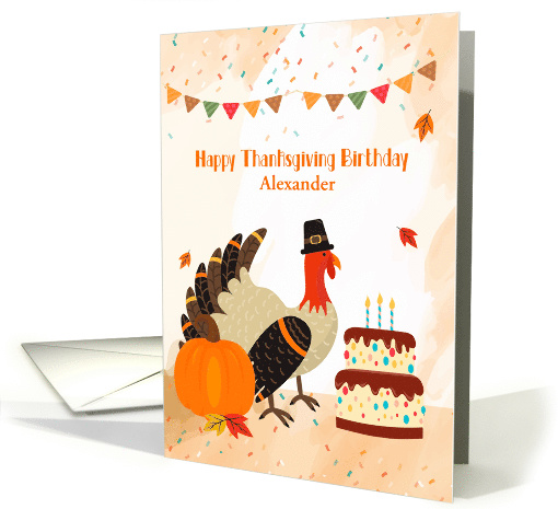 Customize Happy Thanksgiving Birthday Turkey with Cake card (1500648)