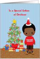African American Boy for Godson - Christmas Tree with Gifts card
