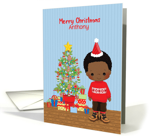 Customize - African American Boy - Christmas Tree with Gifts card