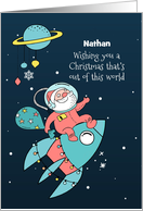 Customize Name - Santa in Outer Space with Rocket card