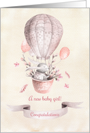 Baby Girl Congratulations - Bunny in Hot Air Balloon card