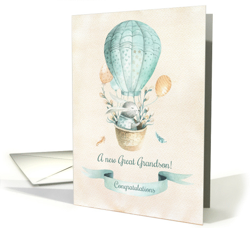 New Great Grandson Congratulations - Bunny in Hot Air Balloon card