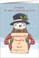 Grandson - Snowman Naughty or Nice List card