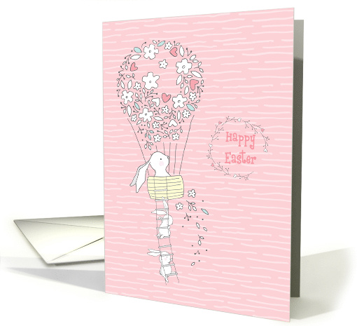 Easter Bunny in Hot Air Balloon of Flowers Pink card (1514418)