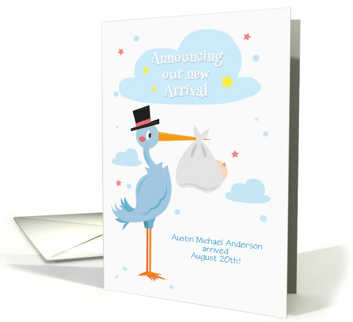 Customized New Baby Announcement for Boy with Blue Stork card