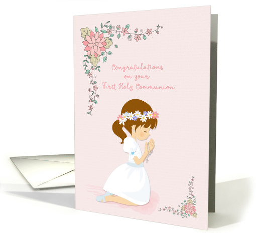 Congratulatons Communion Brunette Girl and Flowers card (1517396)