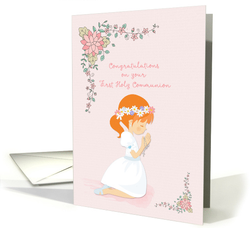 Congratulatons Communion Red Haired Girl with Rosary Beads card
