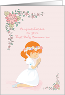 Congratulatons Communion Red Haired Girl with Rosary Beads card
