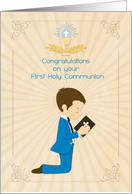 Congratulatons Communion Dark Haired Boy with Bible card