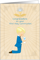 Congratulatons Communion Blonde Haired Boy with Bible card