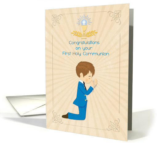 Congratulatons Communion Brown Haired Boy with Rosary Beads card