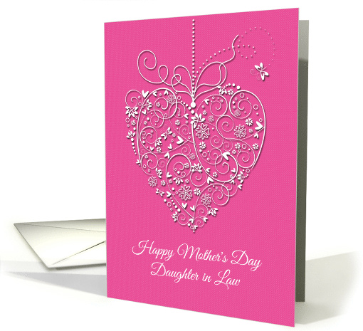 Mother's Day for Daughter in Law White Filigree Heart on Pink card
