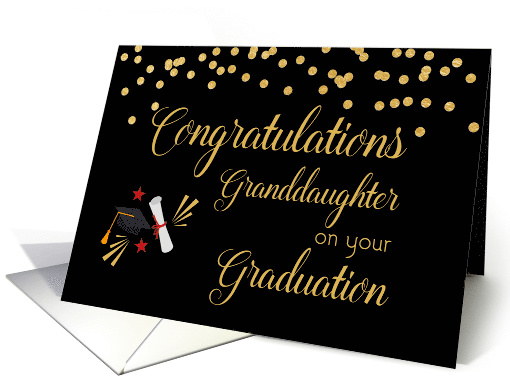 Granddaughter Graduation Congratulations Black with Gold Confetti card
