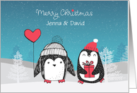 Customize Winter Penguin Couple Merry Christmas card