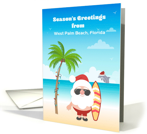 Customized Season's Greetings with Tropical Santa with Surfboard card