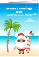 Customized Season’s Greetings with Tropical Santa with Surfboard card