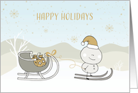 Cute Snowman on Skis with Sled Winter Scene Happy Holidays card