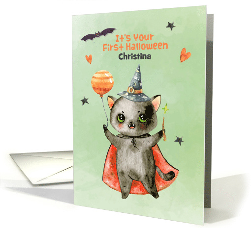 Customize First Halloween Cute Black Cat Witch card (1540256)
