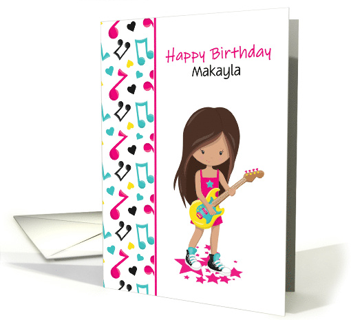 Customize Birthday Young Girl Playing Guitar with Musical Notes card