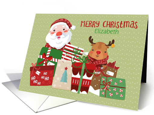 Customize Merry Christmas with Santa, Reindeer and Gifts card