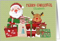 Customize Merry Christmas with Santa, Reindeer and Gifts card
