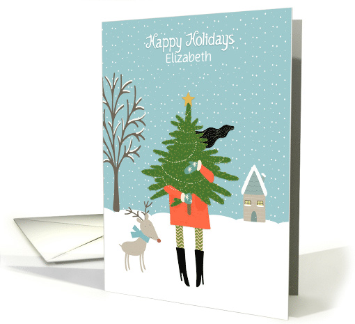 Customize Happy Holidays with Woman, Christmas Tree and Reindeer card