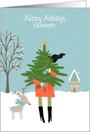 Customize Happy Holidays with Woman, Christmas Tree and Reindeer card