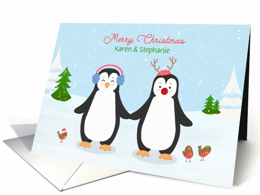 Customize for Lesbian Couple Christmas Penguins card (1549558)