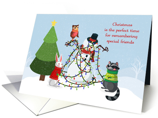 Christmas Snowman Tangled in Holiday Lights with Animal Friends card