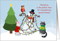 Christmas Snowman Tangled in Holiday Lights with Animal Friends card