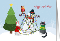 Happy Holidays Snowman Tangled in Holiday Lights with Animal Friends card