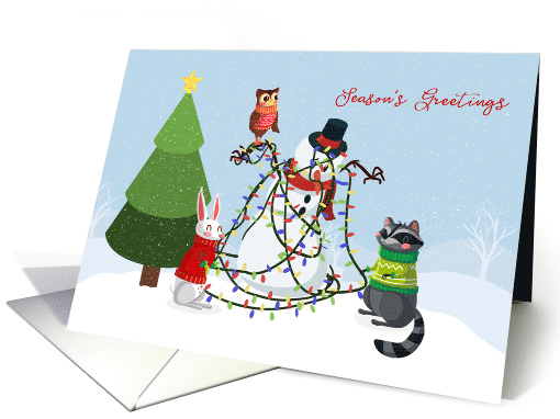 Season's Greetings Snowman Tangled in Holiday Lights with Animals card