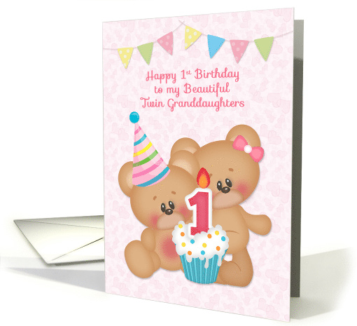 For Twin Granddaughters First Birthday with Bears card (1555392)