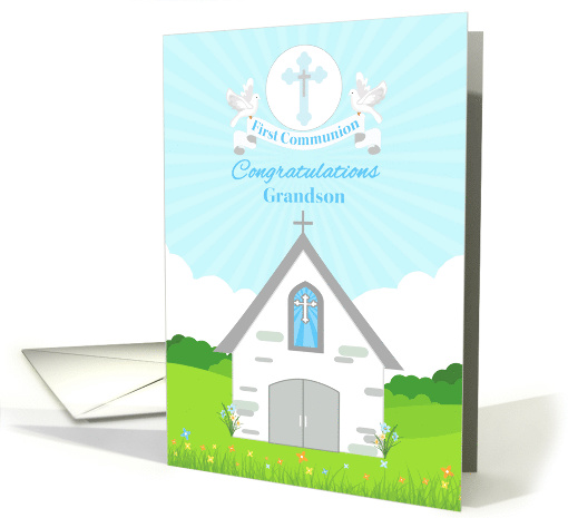 For Grandson First Communion with Church and Doves card (1560322)