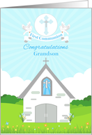 For Grandson First Communion with Church and Doves card