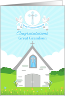 For Great Grandson First Communion with Church and Doves card