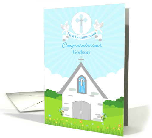 For Godson First Communion with Church and Doves card (1560614)