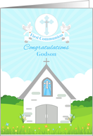 For Godson First Communion with Church and Doves card