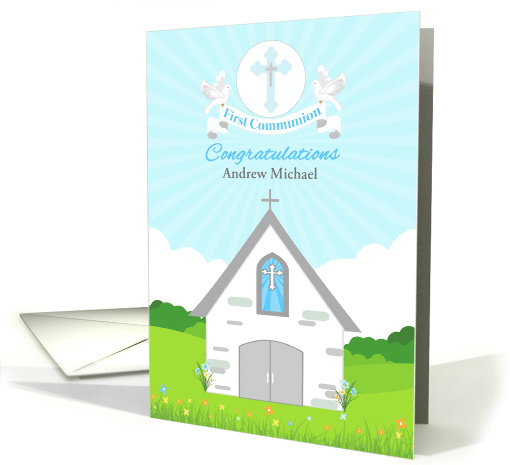 Customize for Boy First Communion with Church and Doves card (1560616)