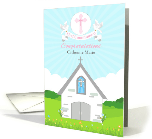 Customize for Girl First Communion with Church and Doves card