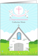 Customize for Girl First Communion with Church and Doves card