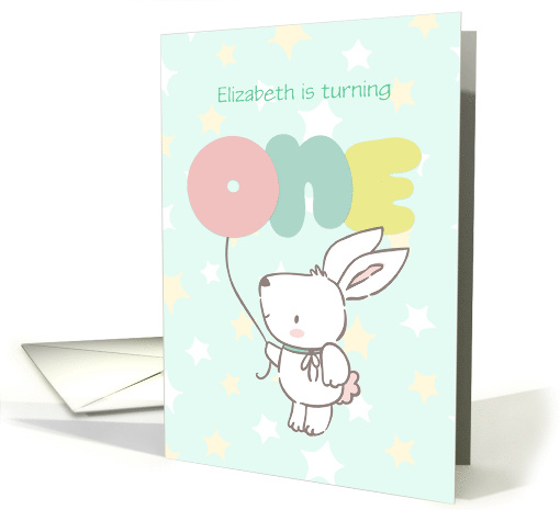 Customize Name Birthday Turning One with Rabbit and Balloon card