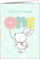 Customize Name Birthday Turning One with Rabbit and Balloon card