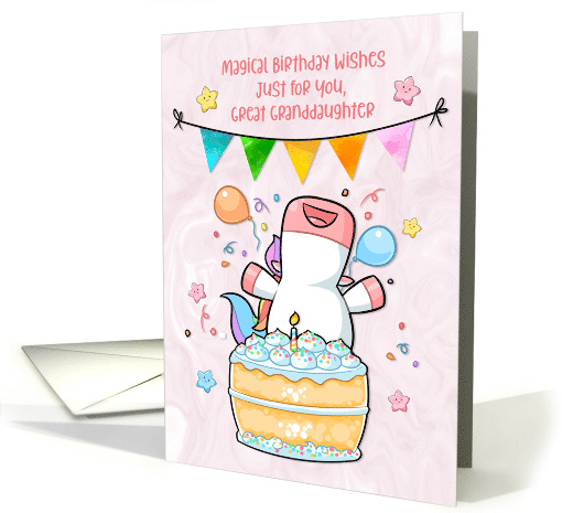 For Great Granddaughter Happy Unicorn with Birthday Cake card