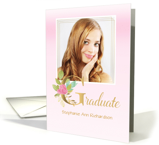 Elegant Graduate in Pink with Floral Letter G Photo card (1564810)
