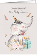 Boho Baby Shower with Elephant, Flowers and Feathers card