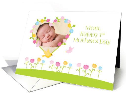 1st Mother's Day Floral Heart Frame with Tulips Custom Photo card