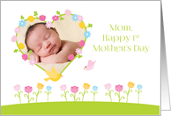 1st Mother’s Day Floral Heart Frame with Tulips Custom Photo card