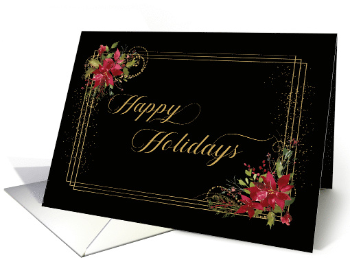 Happy Holidays Red Poinsettias with Gold Color Frame on Black card