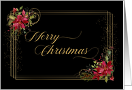Merry Christmas Red Poinsettias with Gold Color Frame on Black card